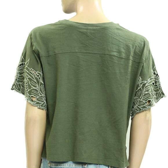 By Anthropologie Boxy Cutwork Tee Blouse Top Floral Embroidered Cotton S 280424 - Picture 8 of 10